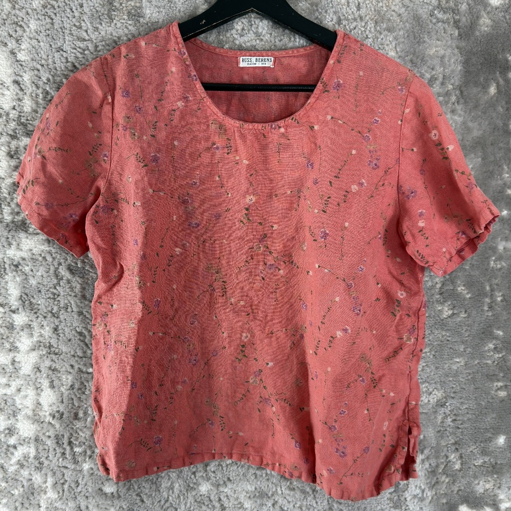 Russ Berens Sz Small Floral Linen Boho Short Sleeve Top Pink Women Short Sleeve